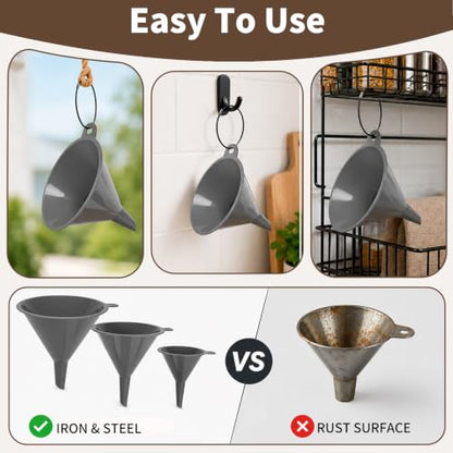 Plastic Kitchen Funnel Set, Round Food Grade Funnels for Kitchen Use Filling Bottles&Canning, Multifunctional Funnels Suitable for Cooking, Lab and Automotive Use, Grey(3 Steel Loops + 1 Clean Brush)
