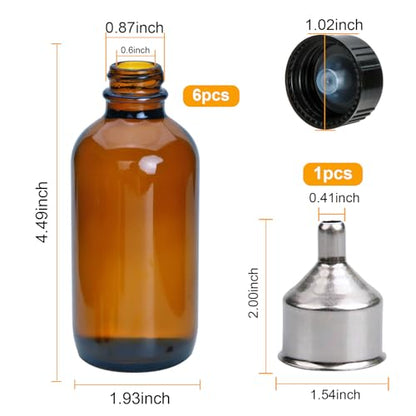 YINGERHUAN 4 oz Amber Glass Bottles - Small Glass Jars with Black Lids Empty Boston Bottle,Dispensing Bottles for Homemade Vanilla Extract, Essential Oils, Herbal Medicine (6)