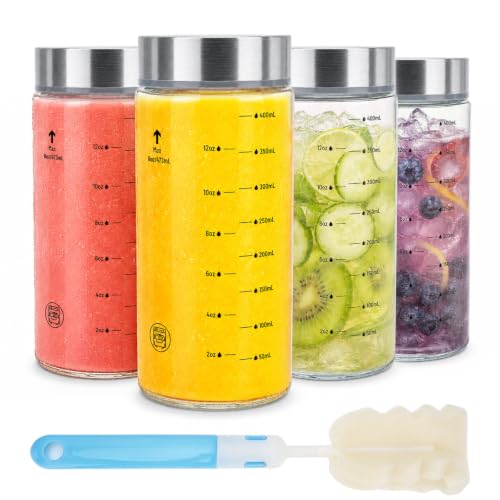 16oz Reusable Glass Juice Bottles with Lids, Wide Mouth, BPA-Free | Leak-Proof Clear Water Bottle for Juicing, Smoothie, Meal Prep | Capacity Markings, Brush Included, Dishwasher Safe | 4pcs - color: Clear-4 Packs, size: 16 Ounces