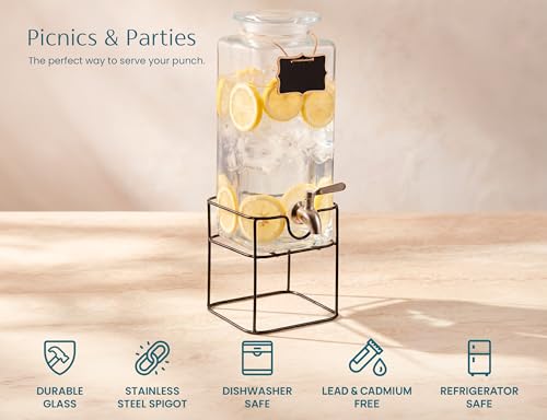 Kook Glass Drink Dispenser, with Stand, 1 Gallon, Serves 15 Cups, Leak-Proof Stainless Steel Spigot, Beverage Storage for Fridge, for Water, Iced Tea, Sangria, Lemonade, 1 Gallon