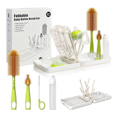 YOTIME Travel Bottle Brush, Travel Bottle Cleaner Kit with Foldable Bottle Drying Rack, for Visit Friends and Relations, Baby Travel Essentials, BPA Free, White - color: White