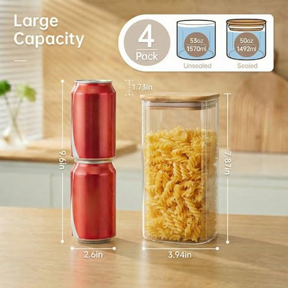 HomArtist Square Glass Jars with Bamboo Lids 53 FL OZ [Set of 4], Glass Canisters with Airtight Lid, Glass Food Storage Containers for Pasta, Cereal, Coffee, Flour, Sugar, Best for Kitchen & Pantry - color: Square 53OZ Set-4Pack