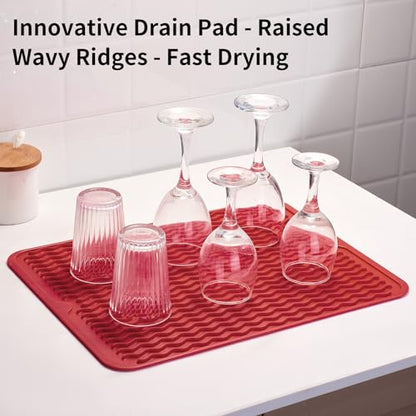 ZLR Silicone Dish Drying Mat for Kitchen Counter (12" x 16" / 307 x 405mm) - Large Fast-Dry Drainer Mat with Raised Wavy Ridges & 5mm Lip - Non-Slip, Heat Resistant 450°F, BPA-Free (Lava Red) - color: Lava Red, size: 16" x 12"