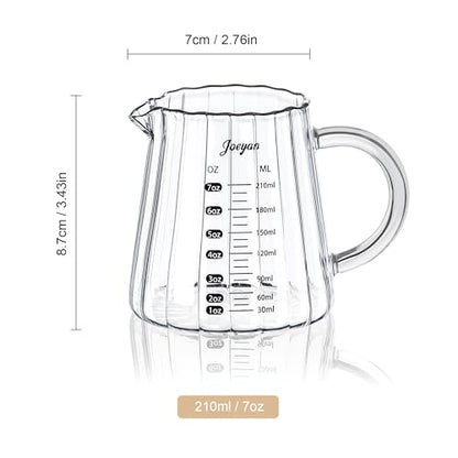 Joeyan 7 oz Glass Measuring Cups with Spout,Borosilicate Large Glass Triple Pitcher with Scale,Origami Style Espresso Shot Glasses with Wood Handle for Coffee Milk - color: 7 Oz Single Spout Clear Measuring Cup