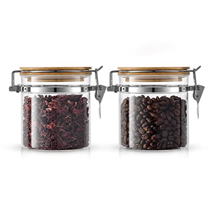 JoyJolt Glass Jars With Bamboo Lids (12 fl oz). 2PC Set of Airtight Storage Jars with Clamp Lids for Pantry Food Storage. Air Tight Sealable Glass Canisters Containers for Kitchen Organization