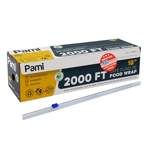 PAMI Plastic Food Wrap 18” x 2000 FT with Slide Cutter – Safe Cling Stretch Film, BPA Free, Microwave & Freezer Safe, Durable Food Storage Wrap for Home & Commercial Use - size: 18 " x 2000ft