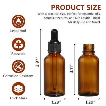 80 Pack 1oz Amber Glass Dropper Bottles, 30ml Leakproof Eye Dropper Bottles with Glass Droppers for Essential Oils, Tinctures, Serum, Hair Oil & Travel Liquids - size: 1oz