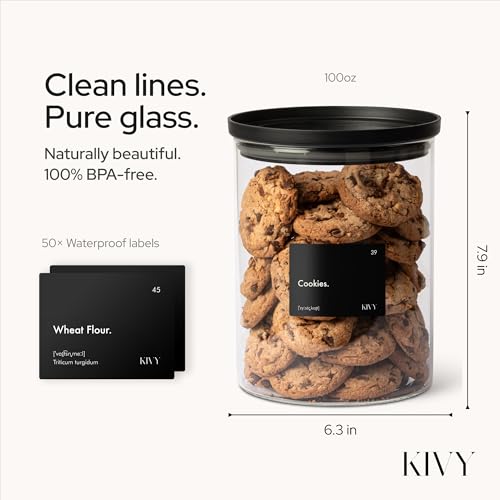 KIVY Large Glass Jar with transparent Glass Lid [100oz] Sealed glass canisters with airtight lid - Black canister - Laundry pod jar - Rice Storage jar - Flour and sugar containers - Flour Canister - size: 100oz
