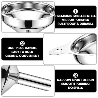 Mifoci 6 Pcs Stainless Steel Funnels for Kitchen Use Filling Bottles 3 Sizes Mini Metal Funnels Food Grade for Liquids, Oils, Powders & Spices Includes 2 Cleaning Brushes Hanging Rings Easy Storage