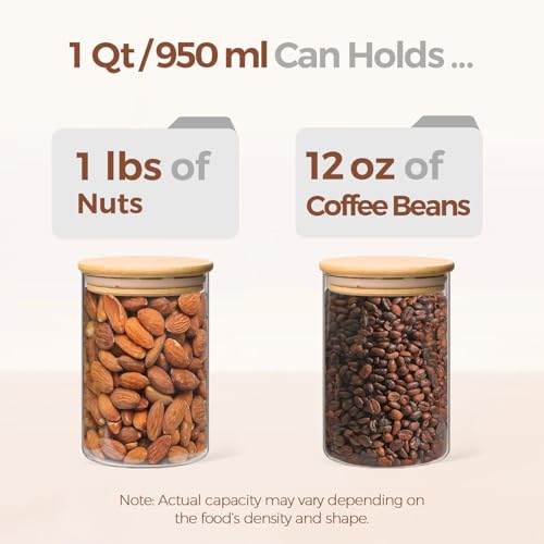 ComSaf Glass Storage Containers wtih Lids 1 Qt, Set of 6 Food Storage Jars | Round Glass Jars With Bamboo Lids, Kitchen Canisters 32oz, Pantry Organizers, Tea, Spice, Coffee, Dry Food Storage, BPA Free