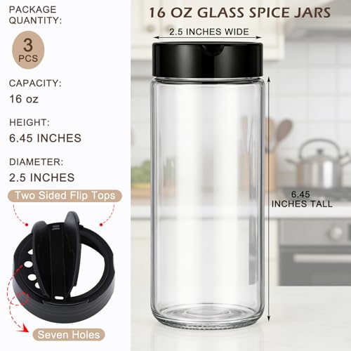 3 Pack 16 oz Glass Spice Jars with Shaker Tops Lids Large Spice Bottle with Lids for Kitchen, Herbs, Sugar, Pantry Herb Salt Pepper Storage (Round)