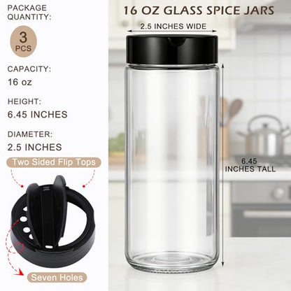 3 Pack 16 oz Glass Spice Jars with Shaker Tops Lids Large Spice Bottle with Lids for Kitchen, Herbs, Sugar, Pantry Herb Salt Pepper Storage (Round)