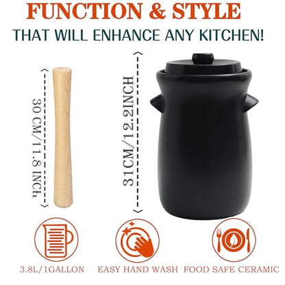 Fermentation Crock 3.8Liter/1 Gallon Stoneware Pot for Fermenting, Pickling Kimchi, Pickles, Vegetables, Kombucha - Glazed Fermenter with Stone Weights, Lid & Pickle Tamper-Black Crock - color: Black