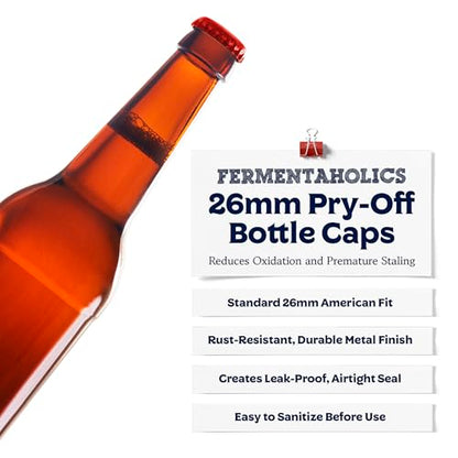 Fermentaholics Red Beer Bottle Caps - 144 Count Oxygen Absorbing Bottle Lids – 26mm Crown Caps for Homebrewing Beer, Cider, Soda, DIY Crafts and more – Fits Standard American Pry-Off Bottles