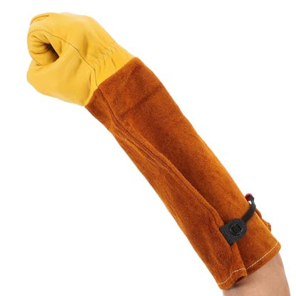 Ciieeo Goatskin Garden Gloves Long Sleeve Thorn Proof Puncture Resistant Yard Work Gloves for Rose Pruning and Beekeeping, Size L, Gold Goat Leather with Brown Cowhide Sleeve