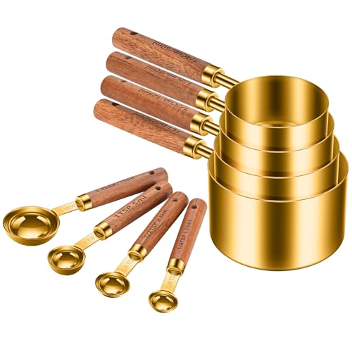 Wooden Handle Measuring Cups & Spoons Set 8-Piece – Stainless Steel, Stackable, Rustic Farmhouse Kitchen Gadgets, Non-Toxic, Dishwasher Safe, Gift for Bakers & New Homeowners - size: Gold-wood handle