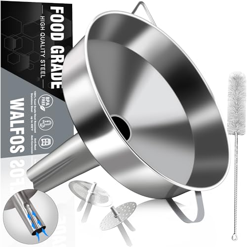 Walfos Extra Large Stainless Steel Funnel with Venting Slot, Kitchen Funnel with 2 Removable Strainer ＆ 1Pc Cleaning Brush, Perfect for Transferring Liquid, Oils, Jam, Dry Ingredients (Jumbo, 7.9") - color: 7.9in Jumbo Funnel