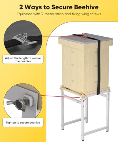 Mondazie Adjustable Metal Bee Hive Stand with 120-Inches Strap for 8 & 10 Frame Beehives Box, 12 to 19 Inches Width Beehive Frame Holder, Heavy Duty Flow Hives Stands Base for Beekeeping, White - color: White - Standard