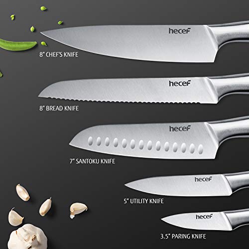 hecef Silver Kitchen knife set of 5, Satin Finish Blade with Hollow Handle, includes 8" Chef, 8" Bread, 8" Santoku, 5" Utility and 3.5" paring knife - style: 5 PCS