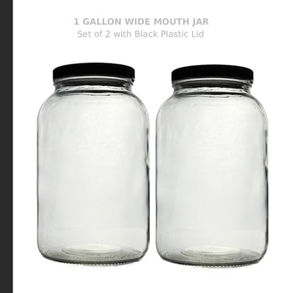North Mountain Supply 1 Gallon Glass Jar Wide Mouth with Black Plastic Lid - USDA, BPA-Free, Made in the USA - for Fermenting, Storing, Canning, and Much More! - Case of 2