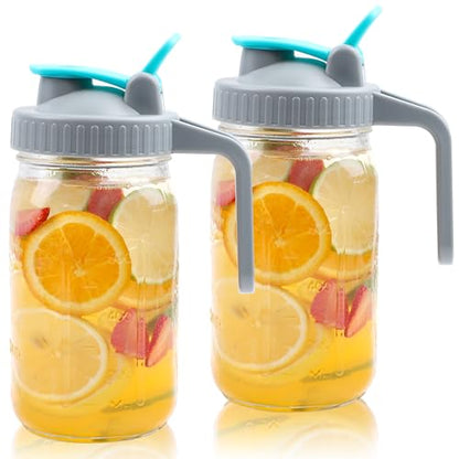 Mason Jar Pitcher Wide Mouth 32 OZ 2 Pack Glass Pitcher With Handle And Pour Spout Lid Airtight And Leakproof Water Jug With Flip Cap For Iced Coffee, Milk, Beverage, Lemonade, Iced Tea - color: 32 OZ 2PC