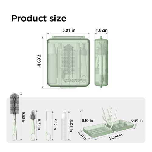 YOTIME Travel Bottle Brush Set, Auto-Open Rack & Vertical Brushs Drying Slots, 3 Brushes, Foldable Drying Rack, Dispenser, Travel Baby Essentials for On-The-Go Parents, Transparent Green - color: Transparent Green