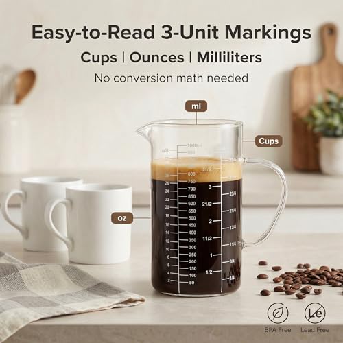 Borosilicate Glass Measuring Cup, 4-Cup Glass Measuring Cup with Spout, Microwave Safe, Dishwasher Safe, Easy Read Scale for Coffee Brewing, Baking, Cooking, Heating and Meal Prep. - size: 4cup/1000ml