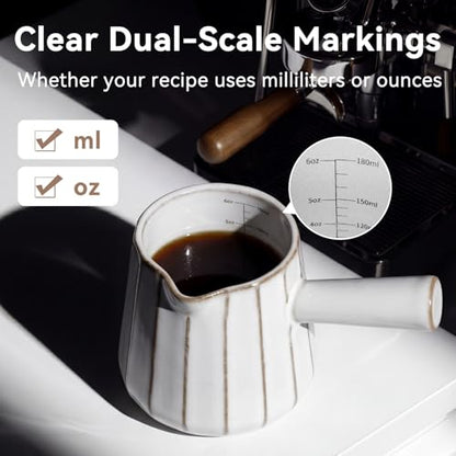 Ceramic Espresso Cup with Handle, Striped Design, 6oz/180ml Capacity,Expresso Measuring Shots Cups with Spout,Espresso Accessories,Coffee Cup,Milk Measuring Cup(White) - color: White