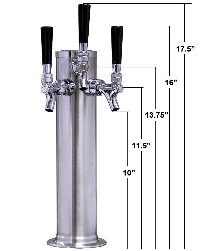 Kegco KC D4743TT-Brush Draft Beer Tower Brushed Triple Faucet, 3" Column, Stainless Steel - size: 3 Faucet