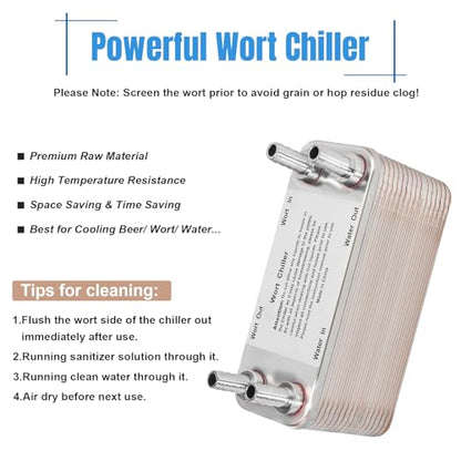 FERRODAY 40 Plate Wort Chiller, 1/2 Barb Fitting Brazed Plate Heat Exchanger, Stainless Steel Homebrew Plate Wort Chiller, Beer Chiller Wort Cooler Heat Exchanger For Brewing-7.5" x 3.8"