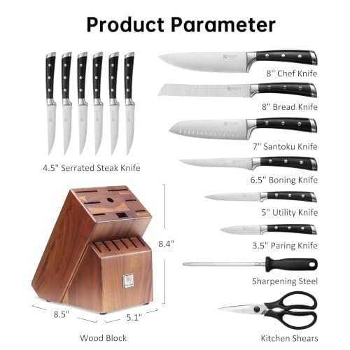 PAUDIN Knife Block Set, 15 Pieces Knife Set with Block, High Carbon Stainless Steel Kitchen Knife Set with Sharpener, Knives Set for Kitchen with Full Tang Triple Rivet Handle