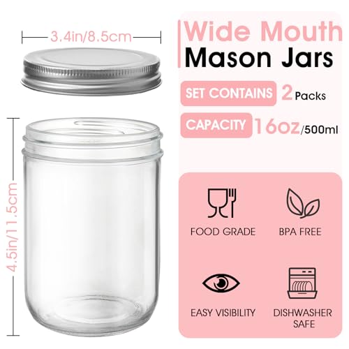 Showvigor 2 Pack Wide Mouth Mason Jars 16oz - Airtight Glass Canning Jars for Food Storage, Meal Prep, Overnight Oats, Pickling, Salad & Wedding Favors (Leak-Proof Lids)