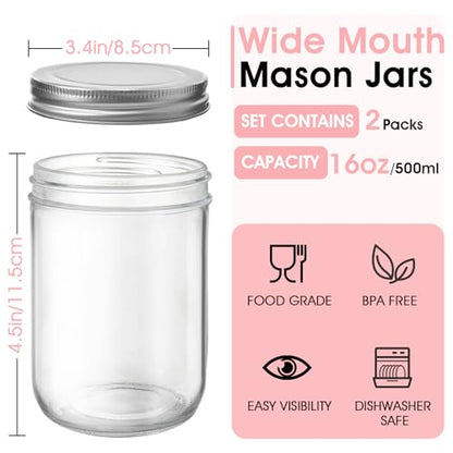 Showvigor 2 Pack Wide Mouth Mason Jars 16oz - Airtight Glass Canning Jars for Food Storage, Meal Prep, Overnight Oats, Pickling, Salad & Wedding Favors (Leak-Proof Lids)