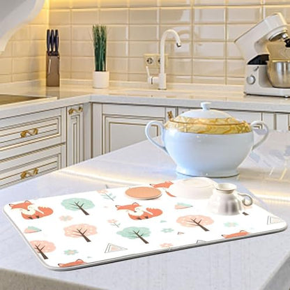 Fox Tree Flowers Dish Drying Mat for Kitchen Counter Super Absorbent Draining Mat with Non-slip Backed Dish Drying Pad for Draining Racks Countertops Sinks Dish Bottles Cups Bowl