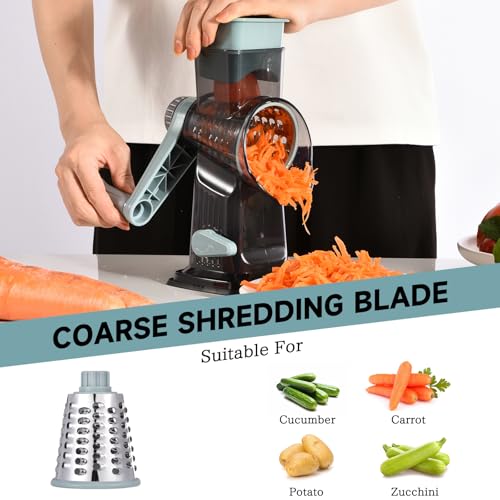 Rotary Cheese Grater with Handle Kitchen Shredder Slicer Grater Slicer Ice Shaver Cheese Vegetable Nuts Potato Zucchini Chocolate 3 Interchangeable Blades (GreyBlue) - color: Blue