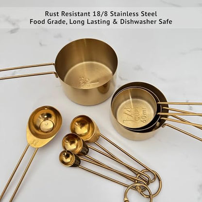 Gold Measuring Cups and Spoons Set, Stainless Steel Measuring Cups, 8 Piece Gold Kitchen Measuring Set, Engraved Measurements, Durable Nesting Design - color: Gold