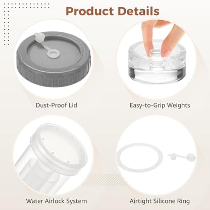 11 Pcs Fermentation Kit for Wide Mouth Jars, 4 Plastic Lids with Airlocks, 4 Glass Weights, Cleaning Brush, Acacia Wood Stirrer, 7 in Stainless Tongs, Home Fermenting Accessories Set