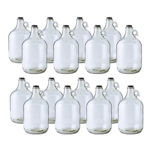 Fastrack 16-Pack 1 Gallon Glass Jug (128 oz) w/16 38mm Black Metal Screw Cap – Multipurpose 1 Gallon Jug, & Detergent Dispenser for Laundry, Glass Jar for Liquids, Water & Juice