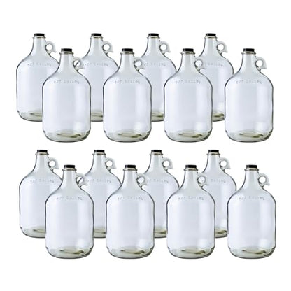 Fastrack 16-Pack 1 Gallon Glass Jug (128 oz) w/16 38mm Black Metal Screw Cap – Multipurpose 1 Gallon Jug, & Detergent Dispenser for Laundry, Glass Jar for Liquids, Water & Juice