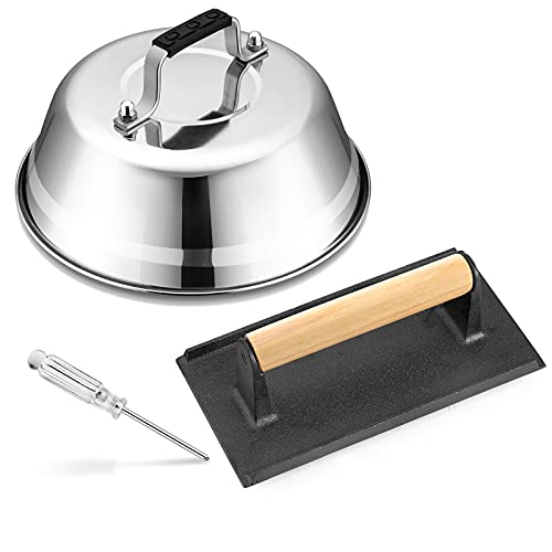 HaSteeL Melting Dome & Burger Press for Griddle, Stainless Steel 9In Basting Cover & Heavy Duty 8 x 4In Wooden Grill Press, Griddle Accessories Set Perfect for Flat Top Teppanyaki Cast Iron Outdoor - size: 9" Dome & Rectangle Press