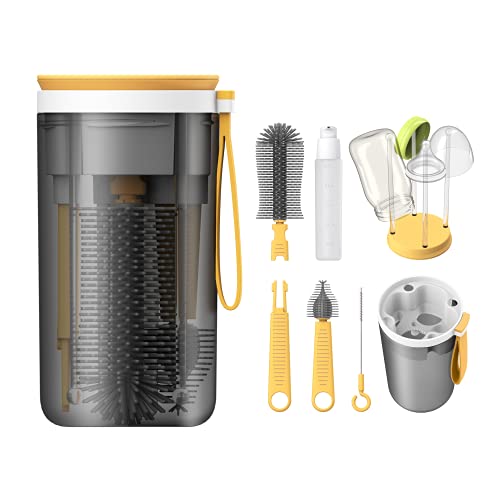YOTIME Travel Bottle Brush Set, 6in1 Bottle Cleaning Kit with Silicone Bottle Brush, Nipple Cleaner Brush, Straw Brush, Soap Dispenser, Bottle Drying Rack and Storage Box, Yellow - color: Yellow