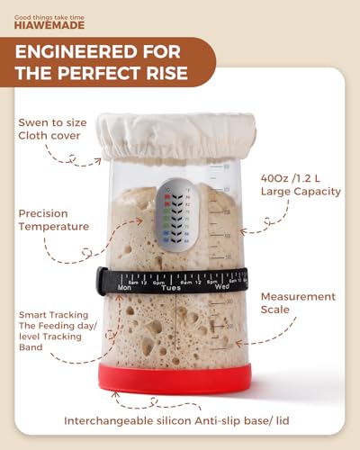 40oz Sourdough Starter Jar with Feeding Tracker – Thickened Clear Glass Fermentation Jar (1.2L) w/Date Marked Band, Thermometer Strip, Cloth Cover & Spatula – Sourdough Kit for Home Bakers