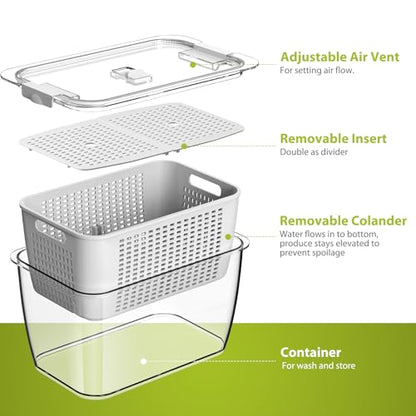LUXEAR Fresh Container, 3PACK Produce Saver Container BPA Free Fridge Organizer for Vegetable Fruit and Salad Partitioned Food Storage Container with Vents Stay Fresh Containers Not Dishwashers Safe - color: White