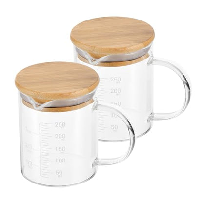 PATIKIL 250ml Glass Measuring Cup, 2 Pack 3.3 Borosilicate Glass Graduated White Printed Scale Liquid Measure Cups Beaker with Wood Lid and V-Shaped Spout for Kitchen - size: 250ml