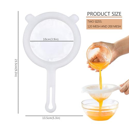 VRUIFA 2PCS Plastic Fine Mesh Strainer, Nylon Ultra Strainer for Juice, Coffee, Honey, Milk, Nut Milk with Handle (120+200Mesh)