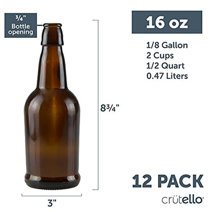 Crutello 16 Ounce Amber Glass Flip Top Beer Bottle for Brewing - Kombucha, Soda, Juice - 12 Pack 16 Oz Glass Bottles with Lids for Fermentation, Storage, Drinking - A Family-Owned American Brand
