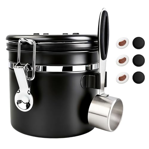 ShanSon Coffee Canister Airtight, Stainless Steel Bean Storage Container with Date Tracker & Scoop, Grounds Sugar Flour Tea Cereal Fits Kitchen Pantry, Ideal Gift for Coffee Lovers,12oz, Black - color: Black, size: 12oz