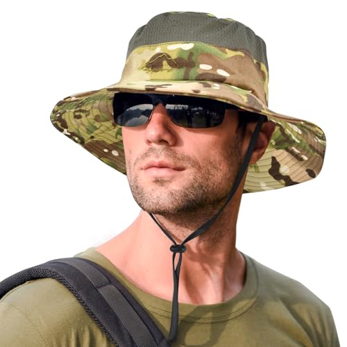 Sun Hats for Men Women Fishing Hat UPF 50+ Breathable Wide Brim Summer UV Protection Hat - color: Camo Green