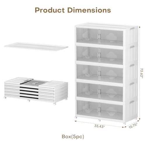 300Gal Extra Large Stackable Storage Bins with Lid (5‑Pack), 1200QT Collapsible Organizer with Clear Magnetic Doors & Wheels, Plastic Cabinet for Bedroom, Garage, Dorm, Closet, Kitchen - size: 240QT-5Pack