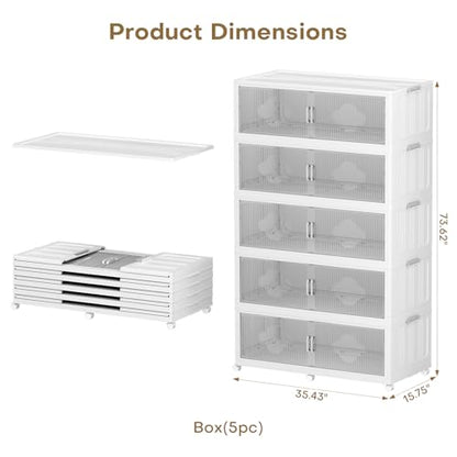 300Gal Extra Large Stackable Storage Bins with Lid (5‑Pack), 1200QT Collapsible Organizer with Clear Magnetic Doors & Wheels, Plastic Cabinet for Bedroom, Garage, Dorm, Closet, Kitchen - size: 240QT-5Pack